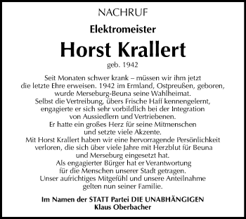 Traueranzeige von Horst Krallert von Mitteldeutsche Zeitung Merseburg/Querfurt