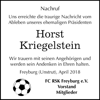 Traueranzeige von Horst Kriegelstein von Mitteldeutsche Zeitung