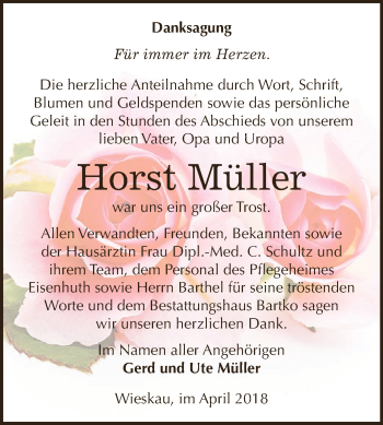 Traueranzeige von Horst Müller von WVG - Wochenspiegel Dessau / Köthen