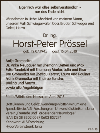 Traueranzeige von Horst-Peter Prössel von Super Sonntag Zeitz