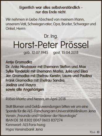 Traueranzeige von Horst-Peter Prössel von Super Sonntag Zeitz