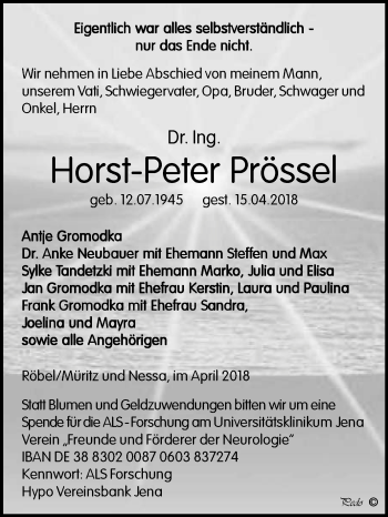 Traueranzeige von Horst-Peter Prössel von Mitteldeutsche Zeitung Zeitz