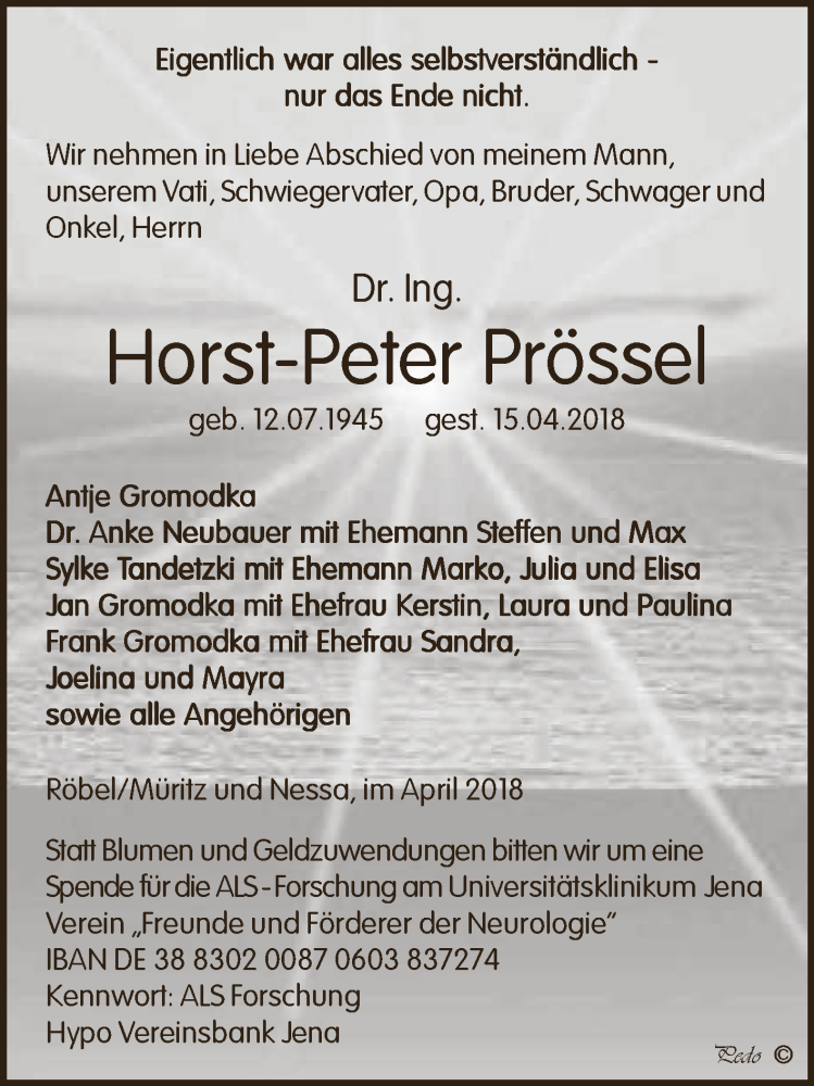  Traueranzeige für Horst-Peter Prössel vom 21.04.2018 aus Super Sonntag Zeitz