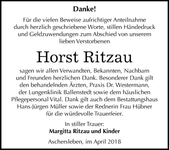 Traueranzeige von Horst Ritzau von Mitteldeutsche Zeitung Aschersleben