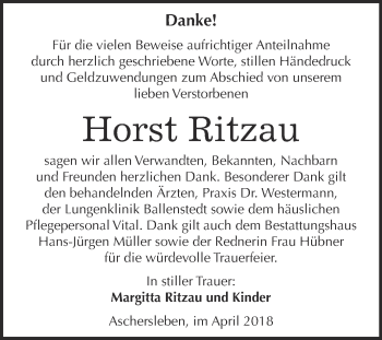 Traueranzeige von Horst Ritzau von Super Sonntag Aschersleben