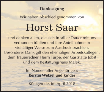 Traueranzeige von Horst Saar von WVG - Wochenspiegel Quedlinburg