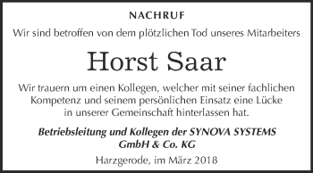 Traueranzeige von Horst Saar von Super Sonntag Quedlinburg