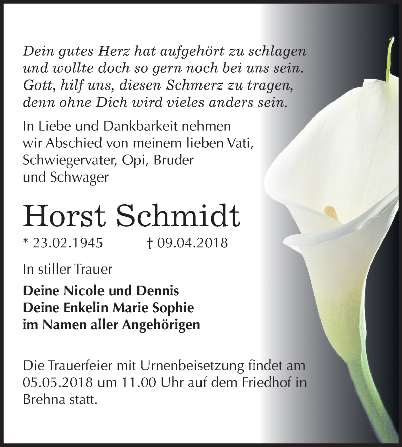  Traueranzeige für Horst Schmidt vom 27.04.2018 aus Mitteldeutsche Zeitung Bitterfeld