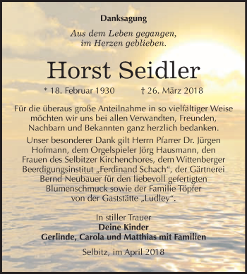 Traueranzeige von Horst Seidler von WVG - Wochenspiegel Wittenberg