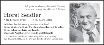 Traueranzeige von Horst Seidler von Super Sonntag Wittenberg