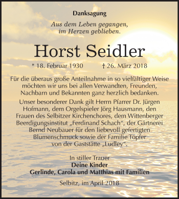 Traueranzeige von Horst Seidler von Mitteldeutsche Zeitung