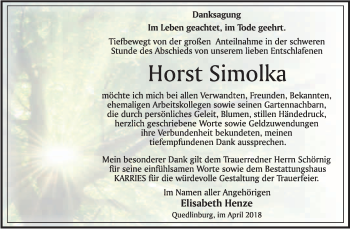Traueranzeige von Horst Simolka von WVG - Wochenspiegel Quedlinburg