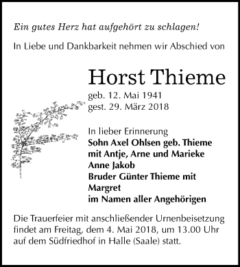 Traueranzeige von Horst Thieme von Mitteldeutsche Zeitung Halle/Saalkreis