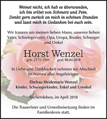 Traueranzeige von Horst Wenzel von Mitteldeutsche Zeitung Aschersleben