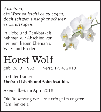 Traueranzeige von Horst Wolf von Mitteldeutsche Zeitung Köthen