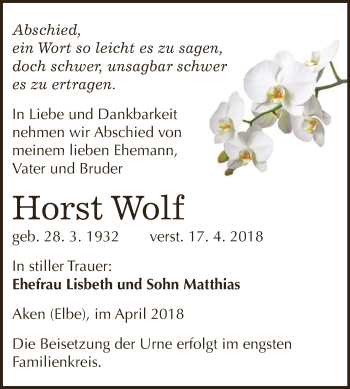 Traueranzeige von Horst Wolf von WVG - Wochenspiegel Dessau / Köthen