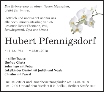 Traueranzeige von Hubert Pfennigsdorf von Mitteldeutsche Zeitung