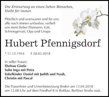 Traueranzeige von Hubert Pfennigsdorf von WVG - Wochenspiegel Dessau / Köthen