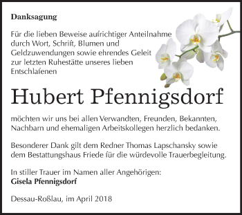 Traueranzeige von Hubert Pfennigsdorf von Mitteldeutsche Zeitung