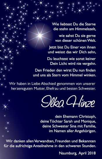 Traueranzeige von Ilka Hinze von WVG - Wochenspiegel NMB / WSF / ZTZ