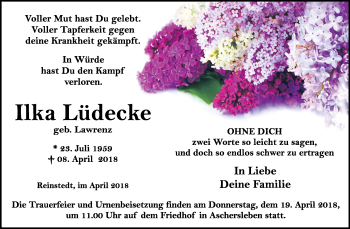 Traueranzeige von Ilka Lüdecke von WVG - Wochenspiegel Quedlinburg