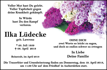 Traueranzeige von Ilka Lüdecke von Mitteldeutsche Zeitung Aschersleben
