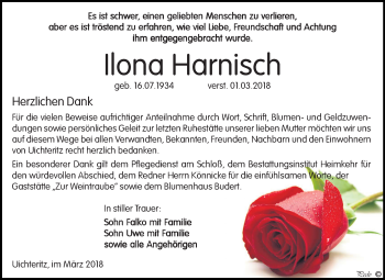 Traueranzeige von Ilona Harnisch von Mitteldeutsche Zeitung Weißenfels