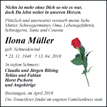 Traueranzeige von Ilona Müller von Mitteldeutsche Zeitung Sangerhausen