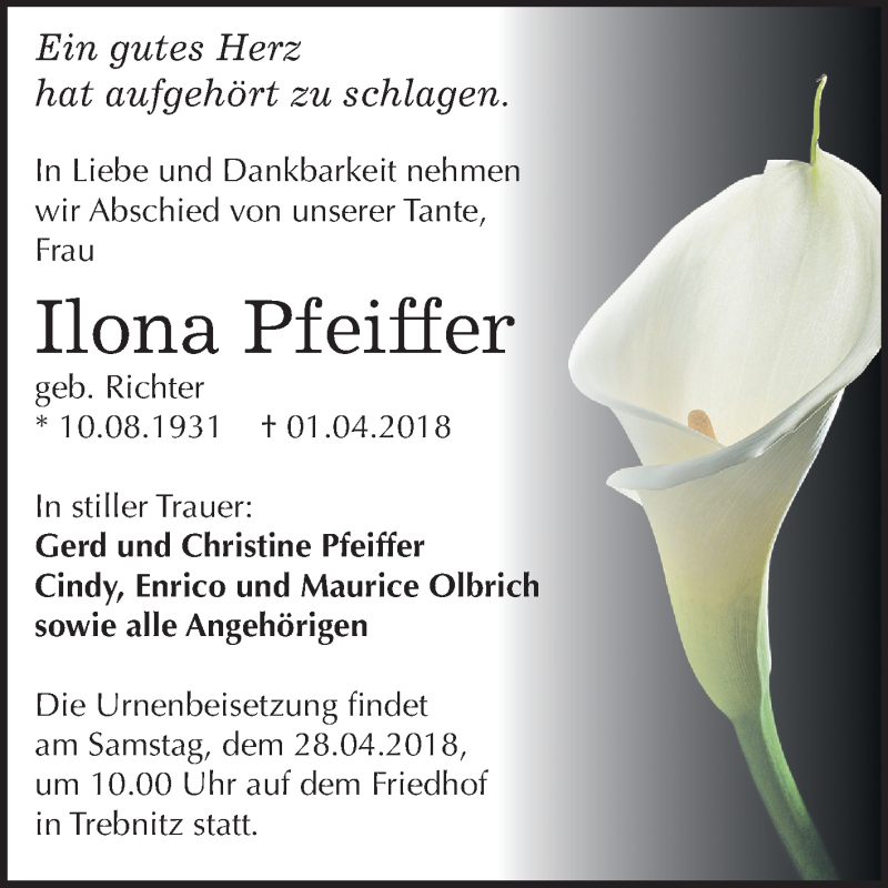  Traueranzeige für Ilona Pfeiffer vom 14.04.2018 aus Mitteldeutsche Zeitung Weißenfels