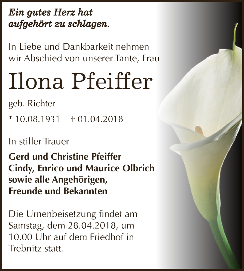  Traueranzeige für Ilona Pfeiffer vom 14.04.2018 aus Super Sonntag Zeitz