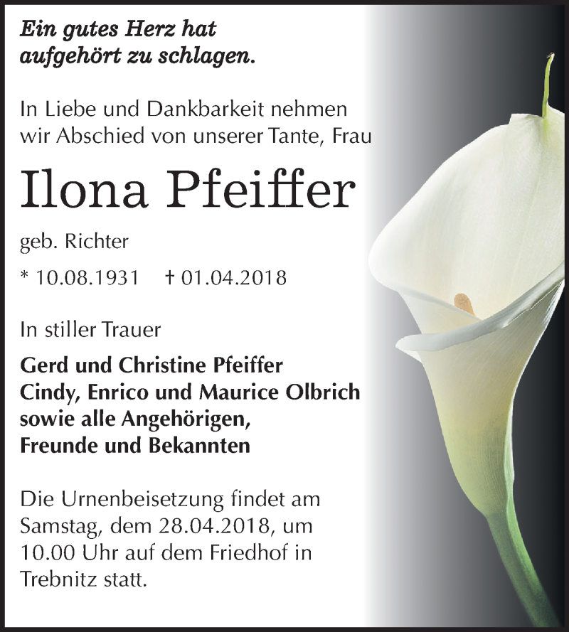  Traueranzeige für Ilona Pfeiffer vom 14.04.2018 aus Mitteldeutsche Zeitung Zeitz