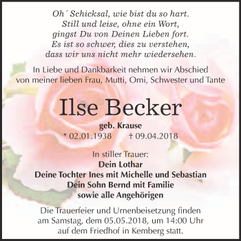 Traueranzeige von Ilse Becker von WVG - Wochenspiegel Wittenberg