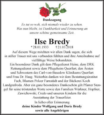 Traueranzeige von Ilse Bredy von Mitteldeutsche Zeitung Merseburg/Querfurt
