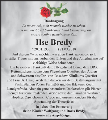 Traueranzeige von Ilse Bredy von WVG - Wochenspiegel Merseburg
