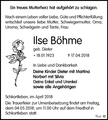 Traueranzeige von Ilse Böhme von Mitteldeutsche Zeitung Weißenfels