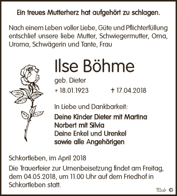 Traueranzeige von Ilse Böhme von WVG - Wochenspiegel NMB / WSF / ZTZ
