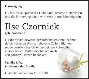 Traueranzeige von Ilse Czornick von Mitteldeutsche Zeitung