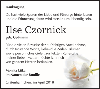 Traueranzeige von Ilse Czornick von WVG - Wochenspiegel Wittenberg
