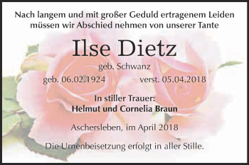 Traueranzeige von Ilse Dietz von Super Sonntag Aschersleben