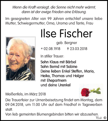 Traueranzeige von Ilse Fischer von WVG - Wochenspiegel NMB / WSF / ZTZ