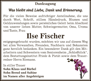 Traueranzeige von Ilse Fischer von WVG - Wochenspiegel NMB / WSF / ZTZ
