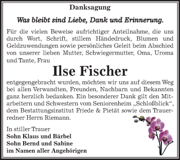 Traueranzeige von Ilse Fischer von Mitteldeutsche Zeitung Weißenfels
