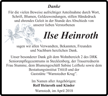 Traueranzeige von Ilse Heinroth von Mitteldeutsche Zeitung Quedlinburg