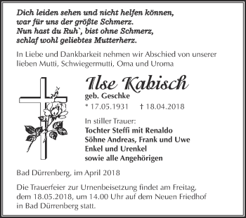 Traueranzeige von Ilse Kabisch von Super Sonntag Merseburg