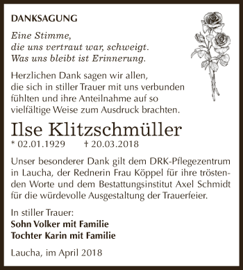 Traueranzeige von Ilse Klitzschmüller von WVG - Wochenspiegel NMB / WSF / ZTZ