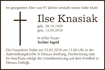 Traueranzeige von Ilse Knasiak von WVG - Wochenspiegel Dessau / Köthen