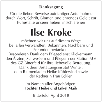 Traueranzeige von Ilse Kroke von WVG - Wochenspiegel Bitterfeld