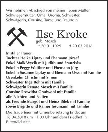 Traueranzeige von Ilse Kroke von WVG - Wochenspiegel Bitterfeld