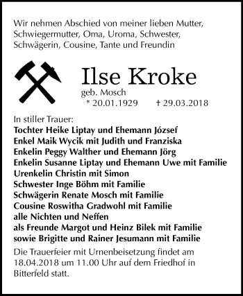 Traueranzeige von Ilse Kroke von Mitteldeutsche Zeitung Bitterfeld