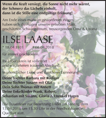 Traueranzeige von Ilse Laase von Mitteldeutsche Zeitung Merseburg/Querfurt